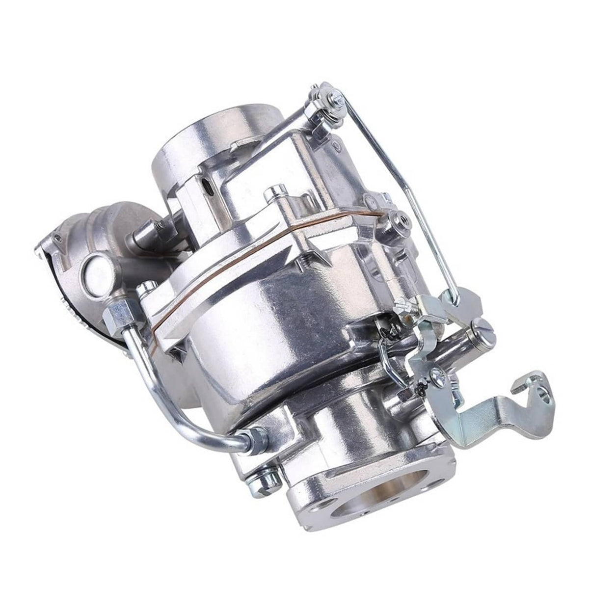 Metal 1-barrel carburetor with top housing, lever linkage, and inlet connection
