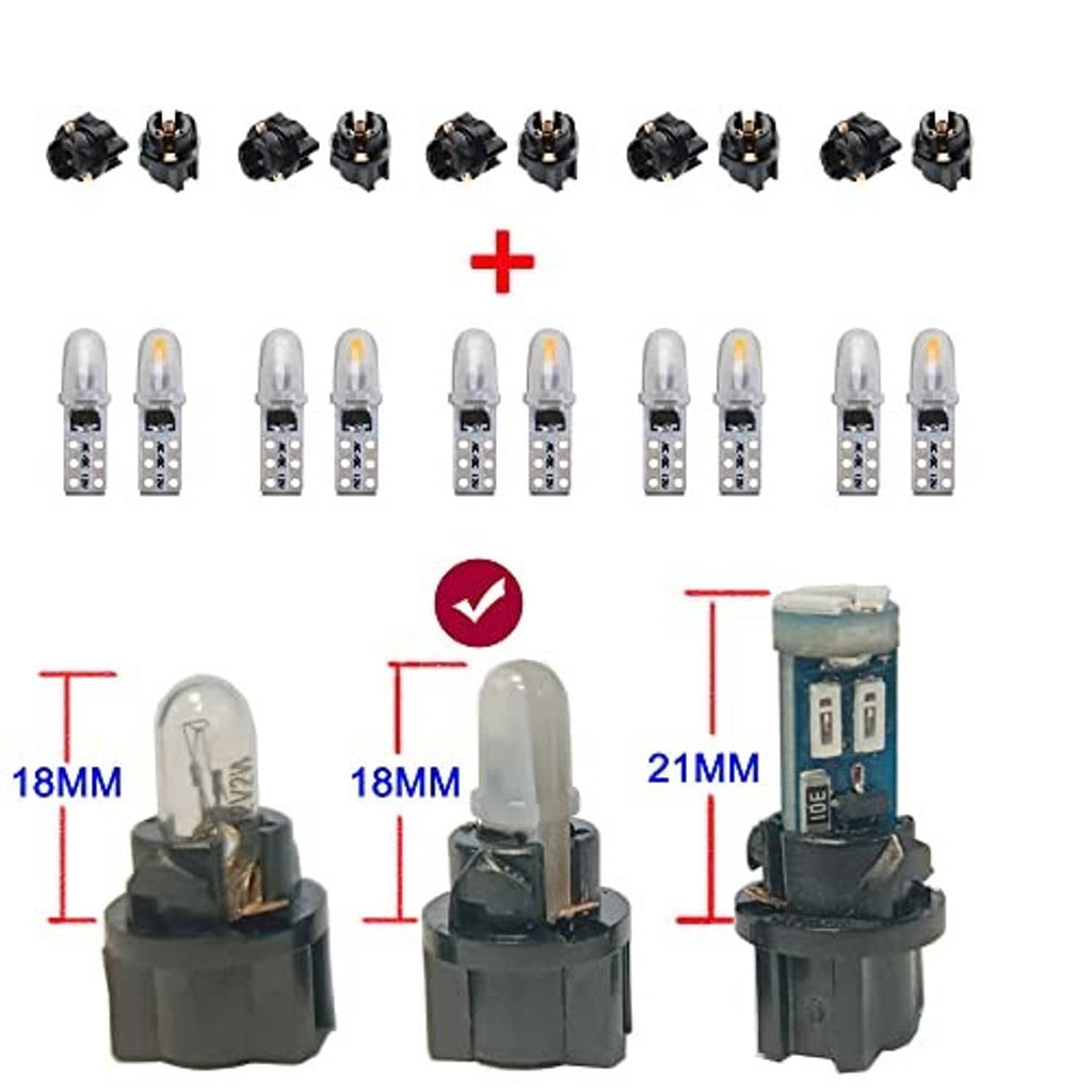 T5 LED bulb size comparison with socket bases, clear lens and 18mm/21mm fit