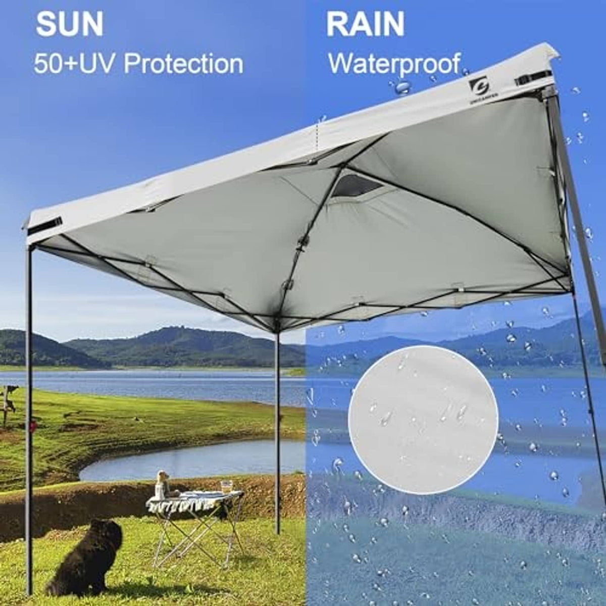 White canopy top cover with air vent on pop-up frame; rain-shedding roof