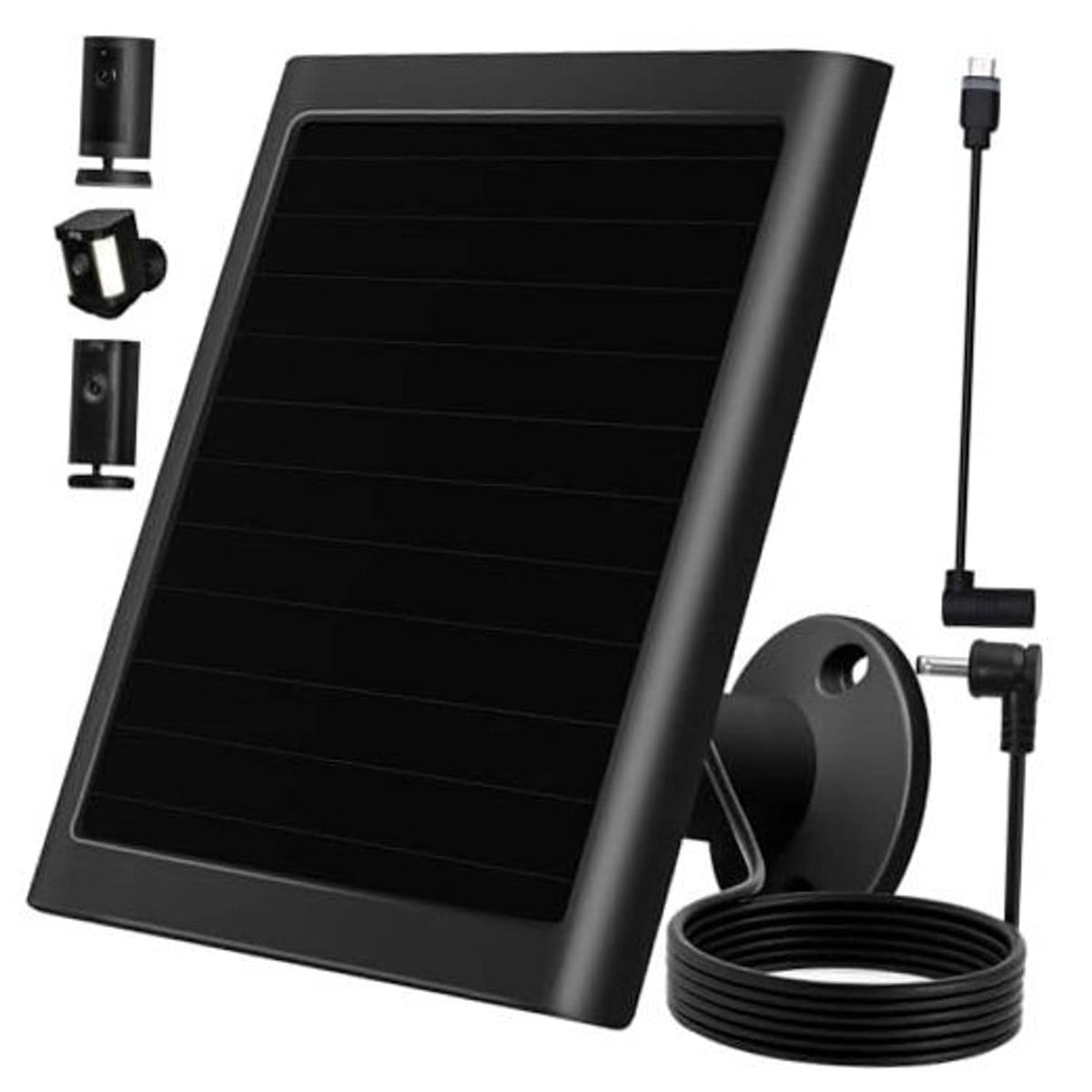 Black solar panel charger kit with coiled cable and round mounting bracket