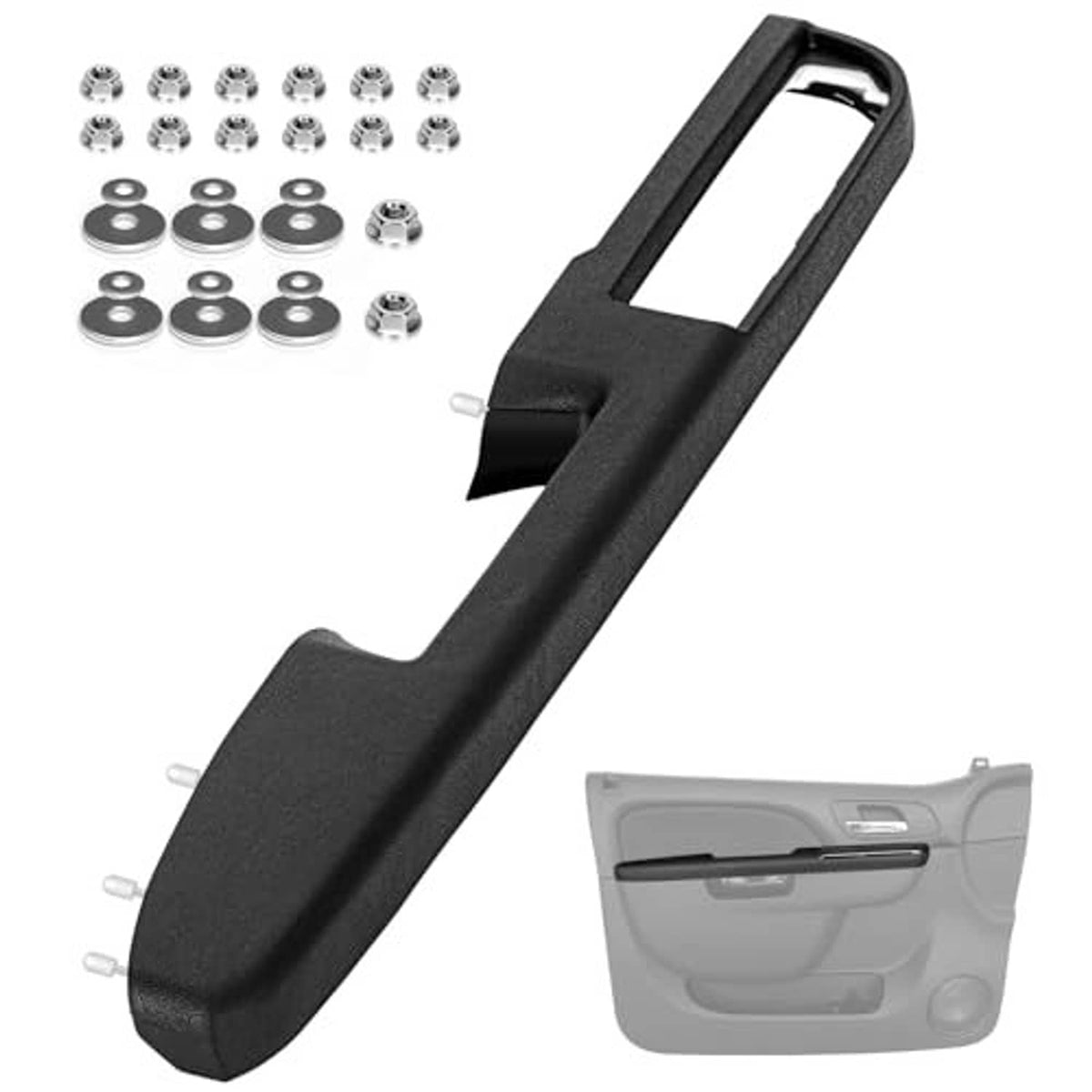 Black front driver side armrest panel with metal mounting bracket and hardware