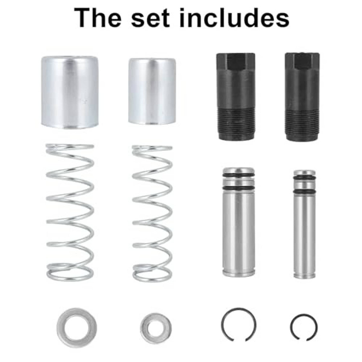 Floor jack replacement parts set includes two silver plungers, two spring cylinders, rings, and clips