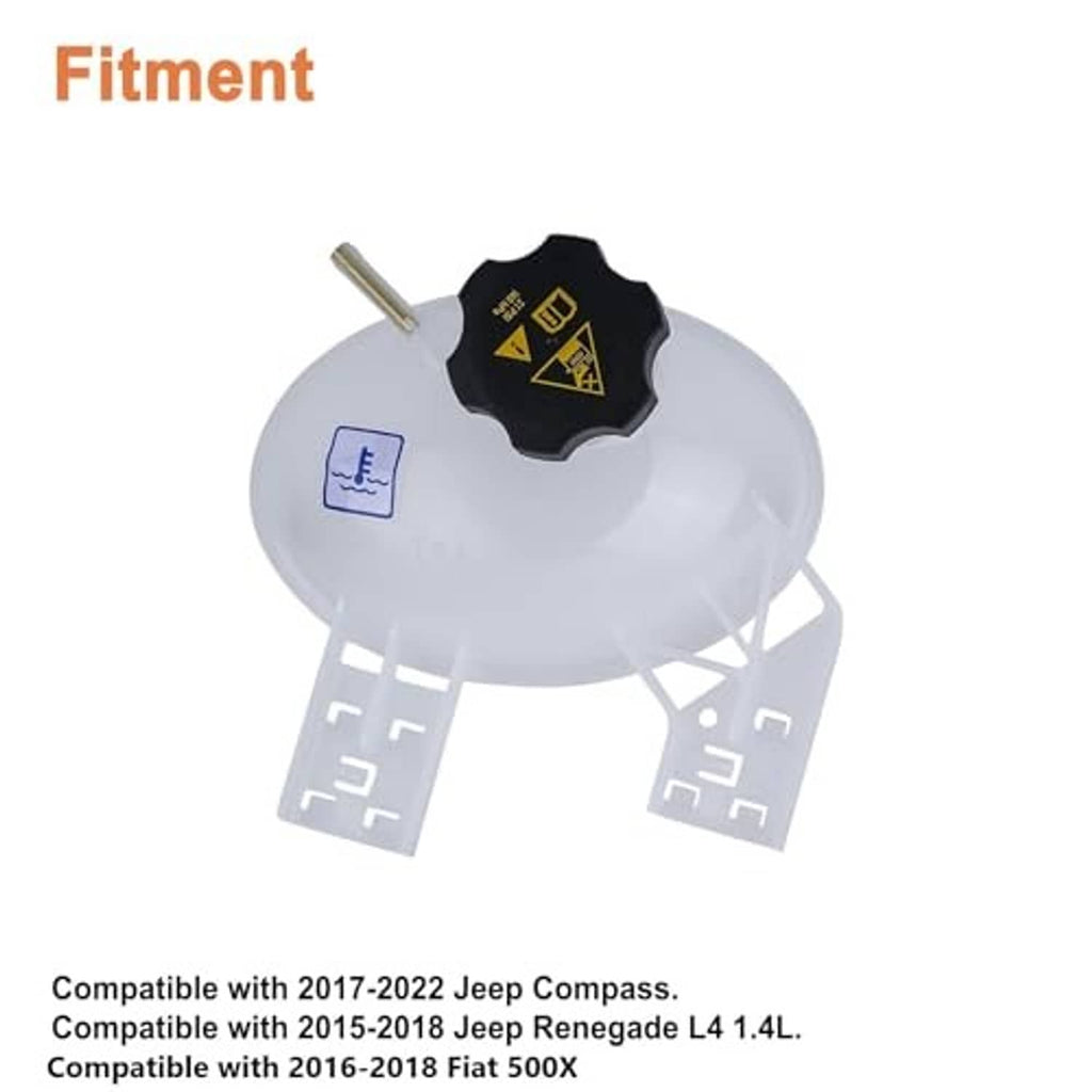 Coolant reservoir tank with black warning-cap, blue label sticker, and mounting prongs