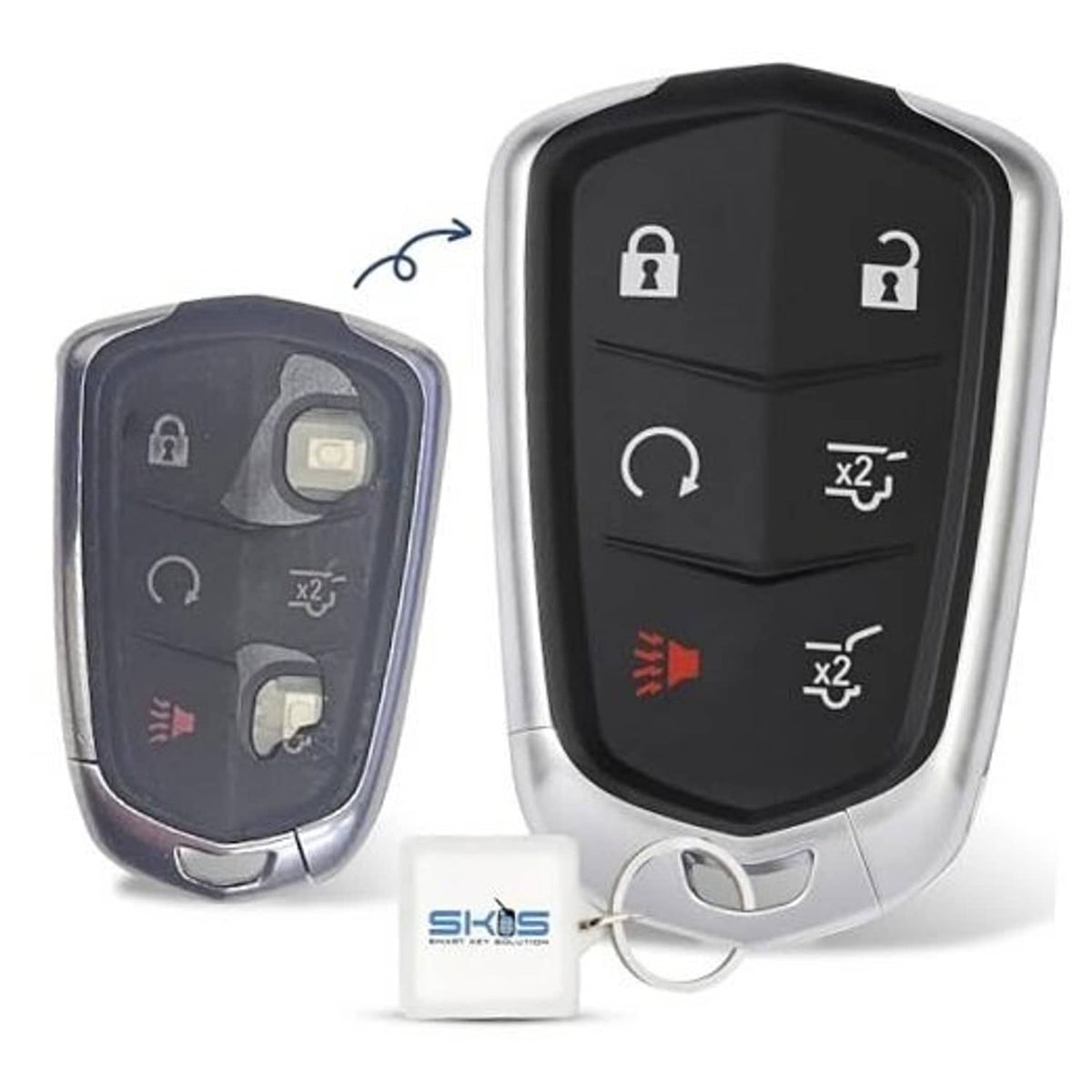 Key fob shell replacement, black button face with silver edges and car key ring