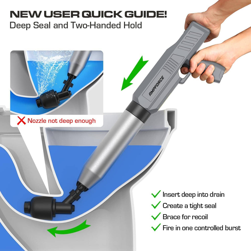 Deep-seal electric toilet plunger with silver tube and black nozzle tip