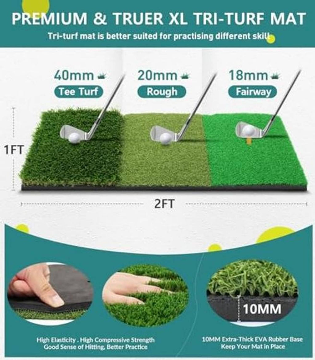 XL tri-turf golf practice mat with tee, rough, and fairway practice zones