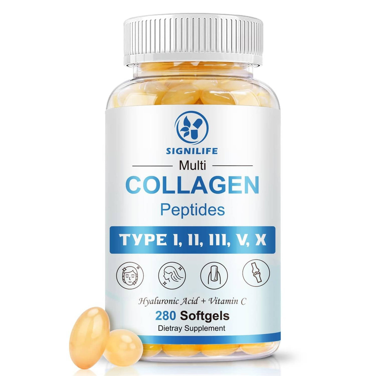 SIGNILIFE Multi Collagen Peptides supplement bottle with 280 softgels