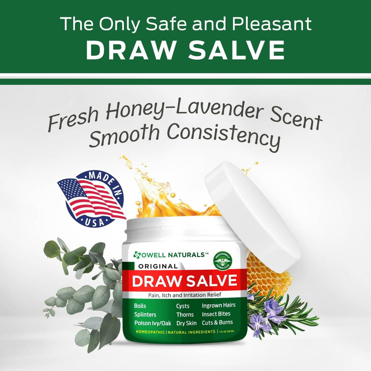 Drawing salve ointment jar with green “Draw Salve” label and botanical accents