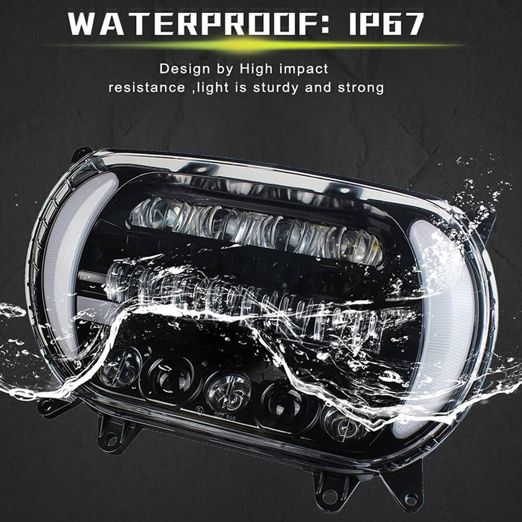 LED headlight with clear lens, bright DRL strip and turn-signal LEDs on black housing