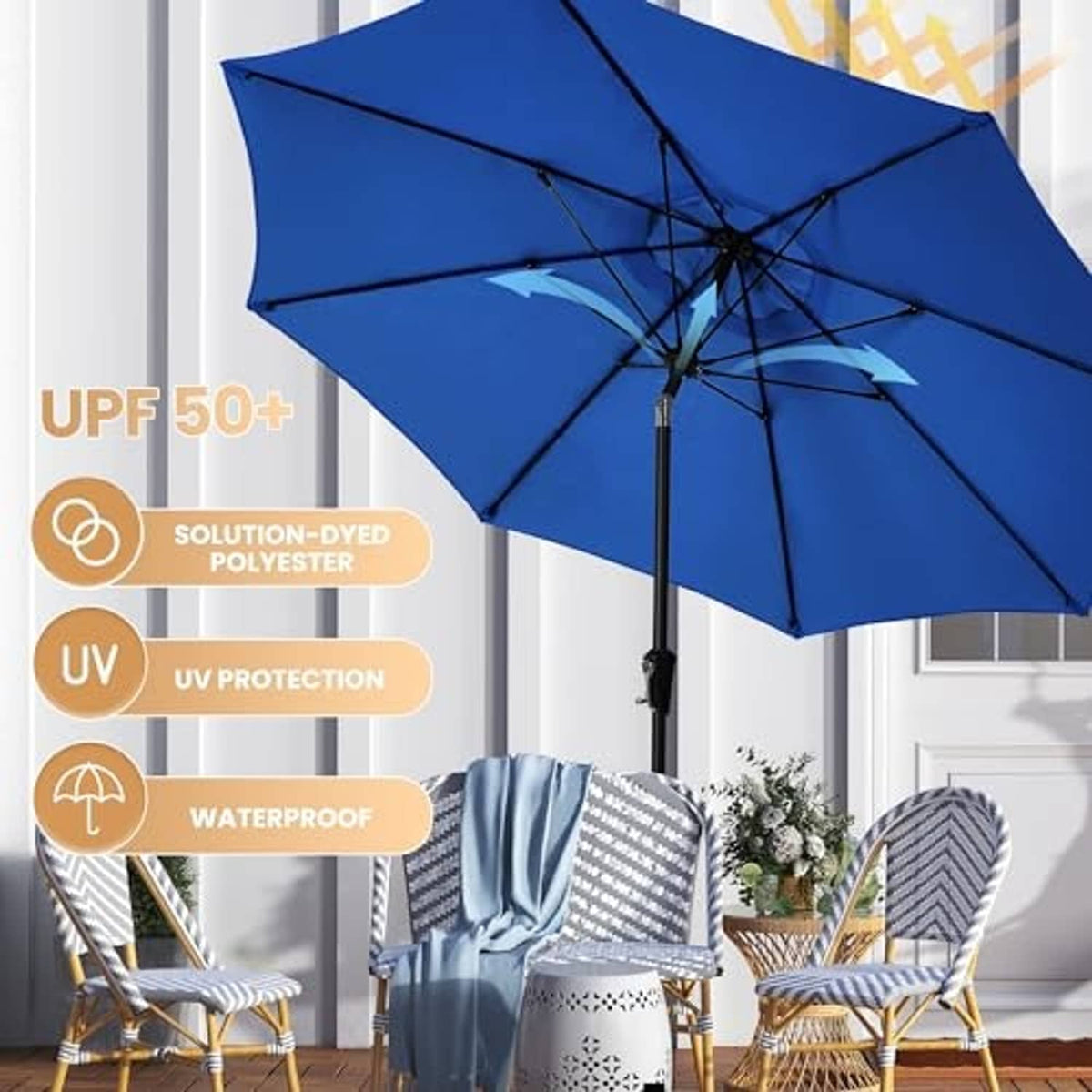Blue patio umbrella open canopy with central hub and vertical pole