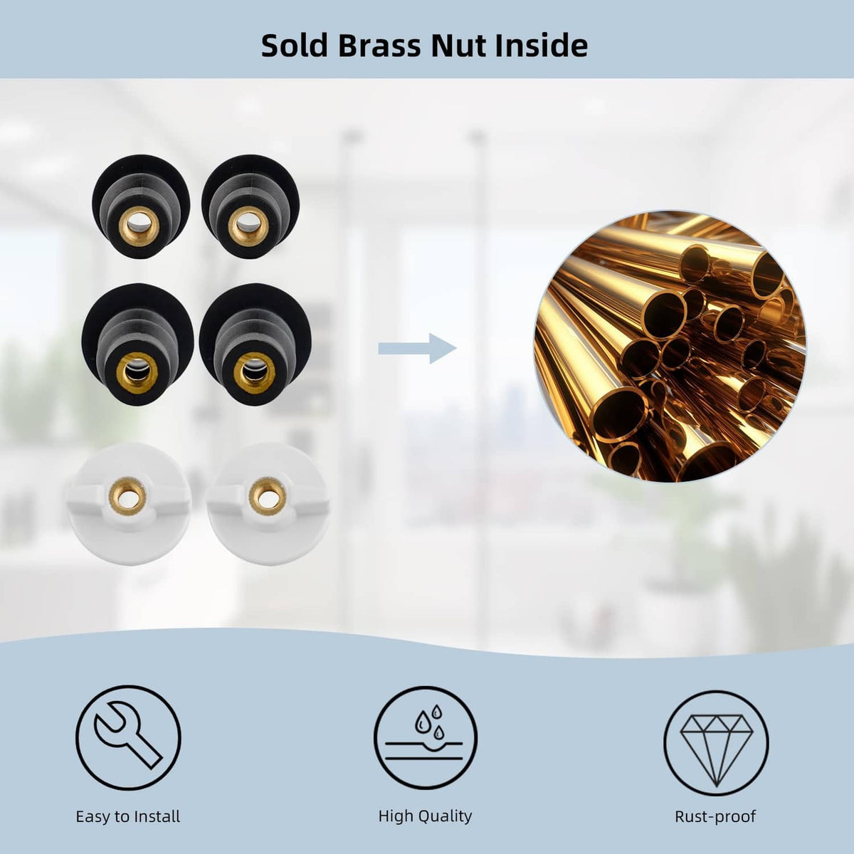Toilet seat screw set with solid brass nuts inside, black rubber and white caps