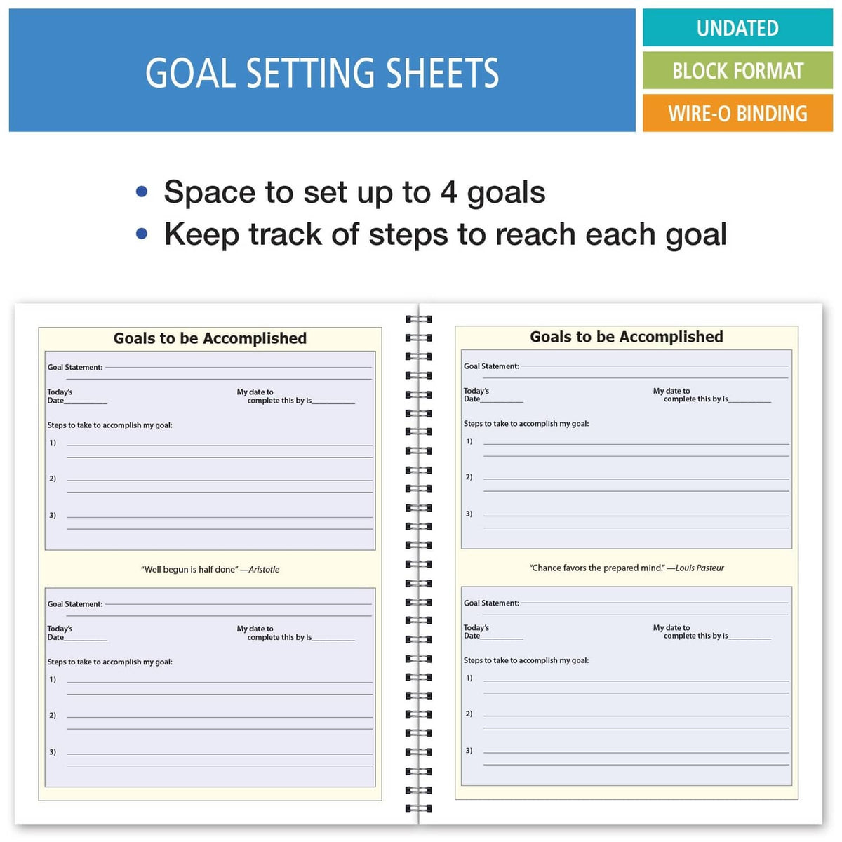 Undated student planner open to goal setting sheets with goals to be accomplished