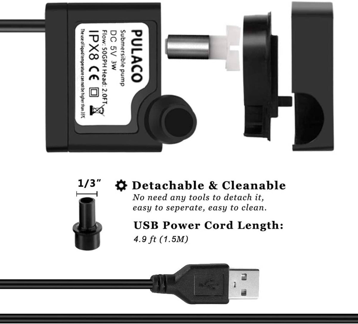 Submersible water pump with detachable tube outlet and USB power cord, black housing