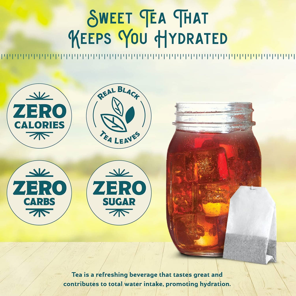 Blackberry cold brew tea jar with tea bag, zero calories and zero sugar badges