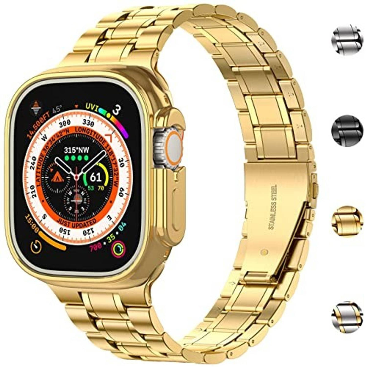Gold stainless steel bracelet watch band with smooth links and metal clasp attachment