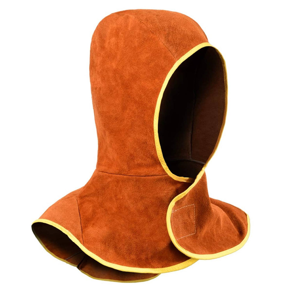 Orange leather welding hood with yellow trim and open face opening