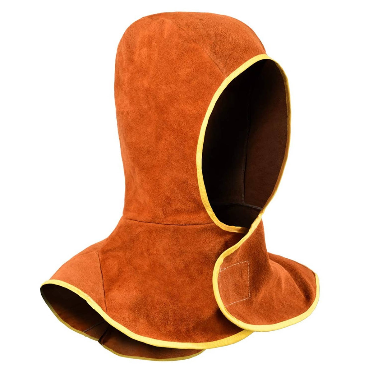 Orange leather welding hood with yellow trim and open face opening