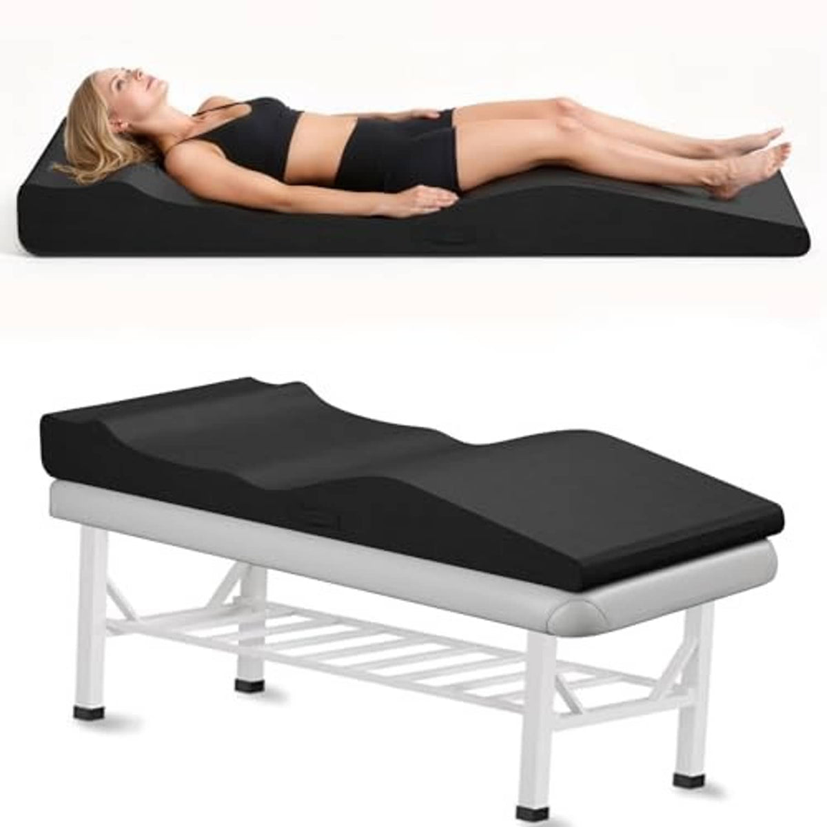 Black curved foam lash bed topper on white massage table frame