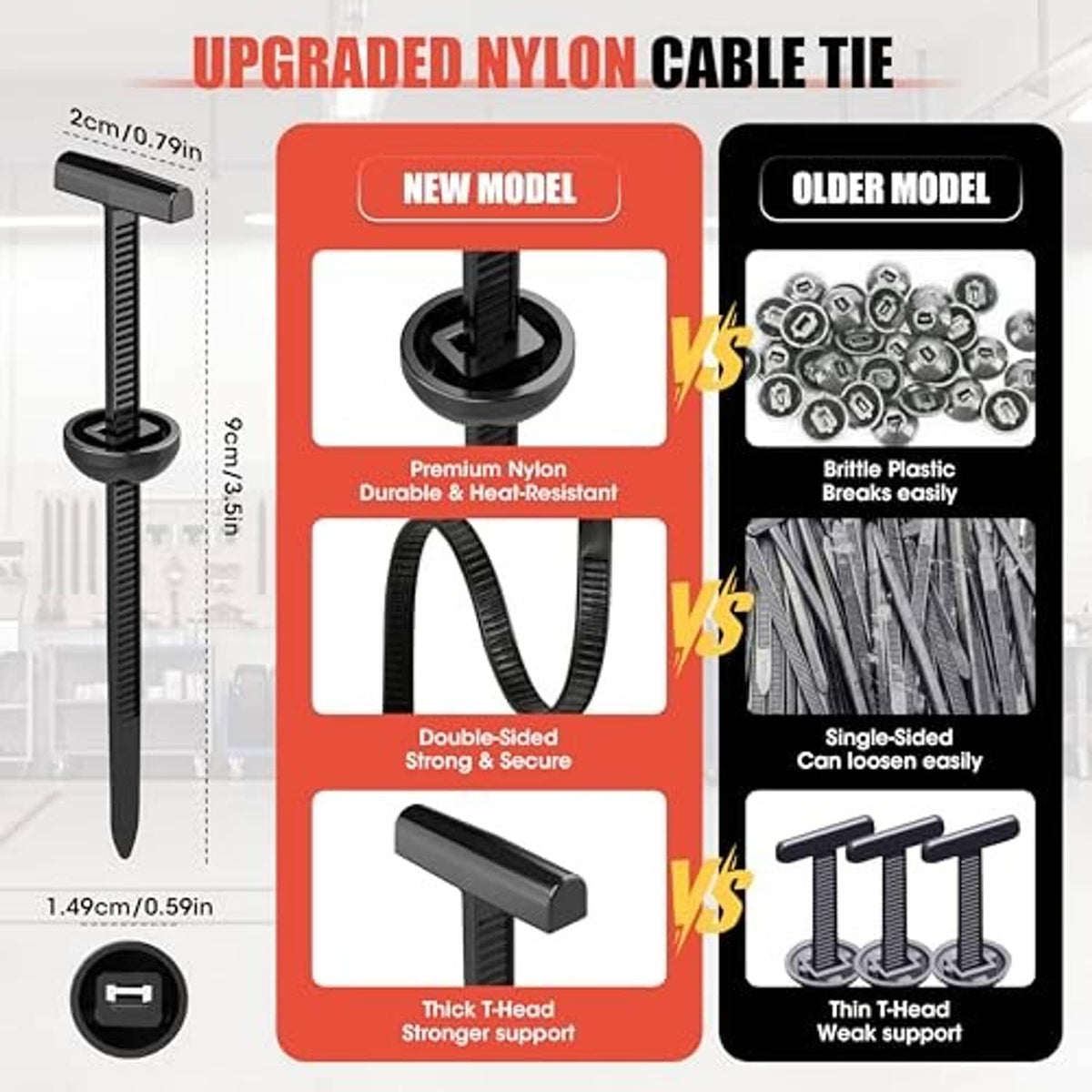 Upgraded black nylon cable tie with thick head and double-sided buckle