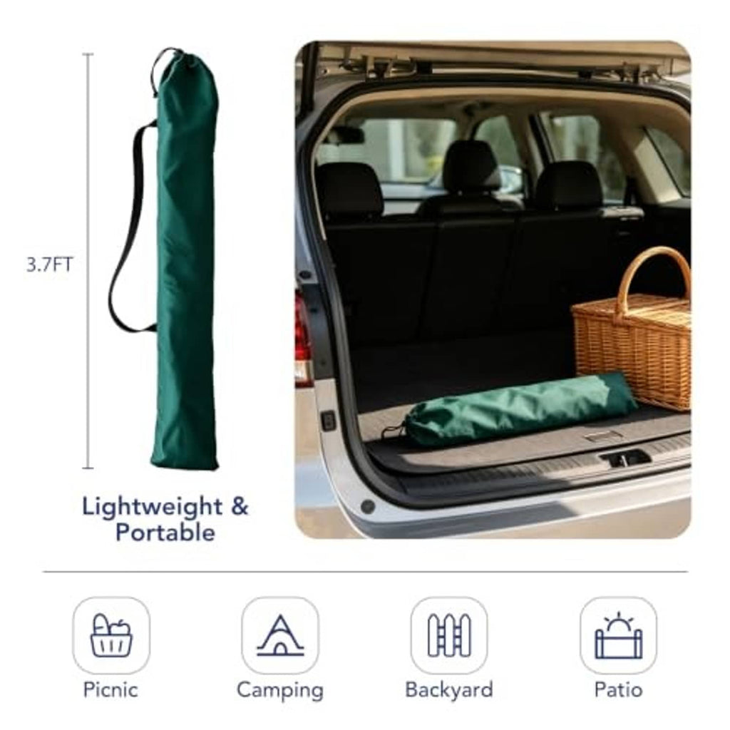 Green portable umbrella storage bag with folded umbrella shown in car trunk