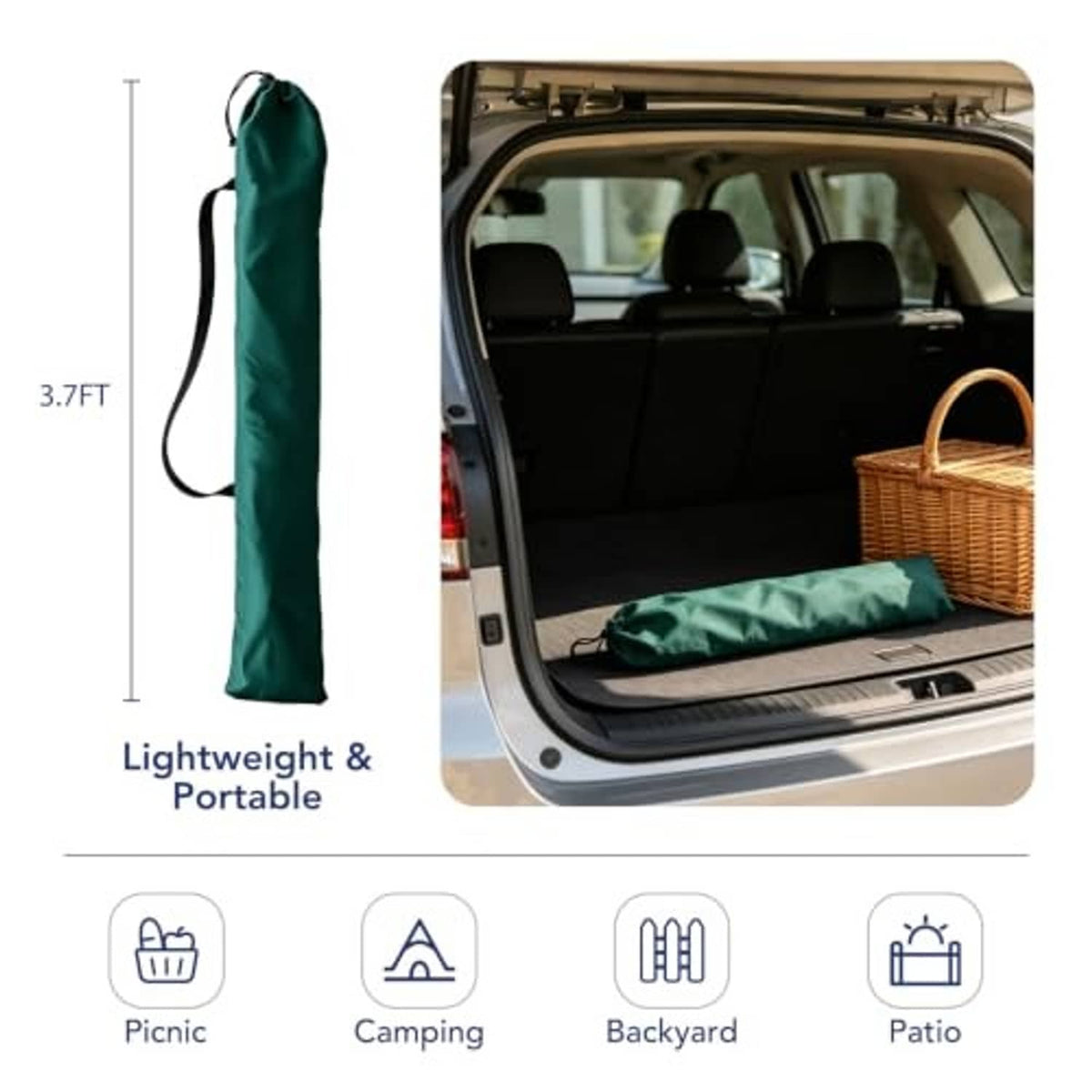 Green portable umbrella storage bag with folded umbrella shown in car trunk