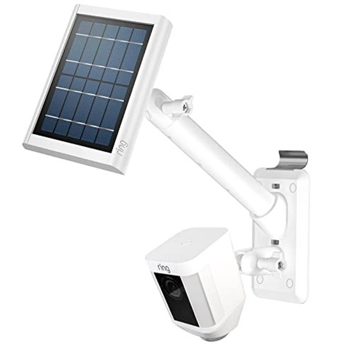 White solar spotlight camera with wall bracket, solar panel and light head shown at angle