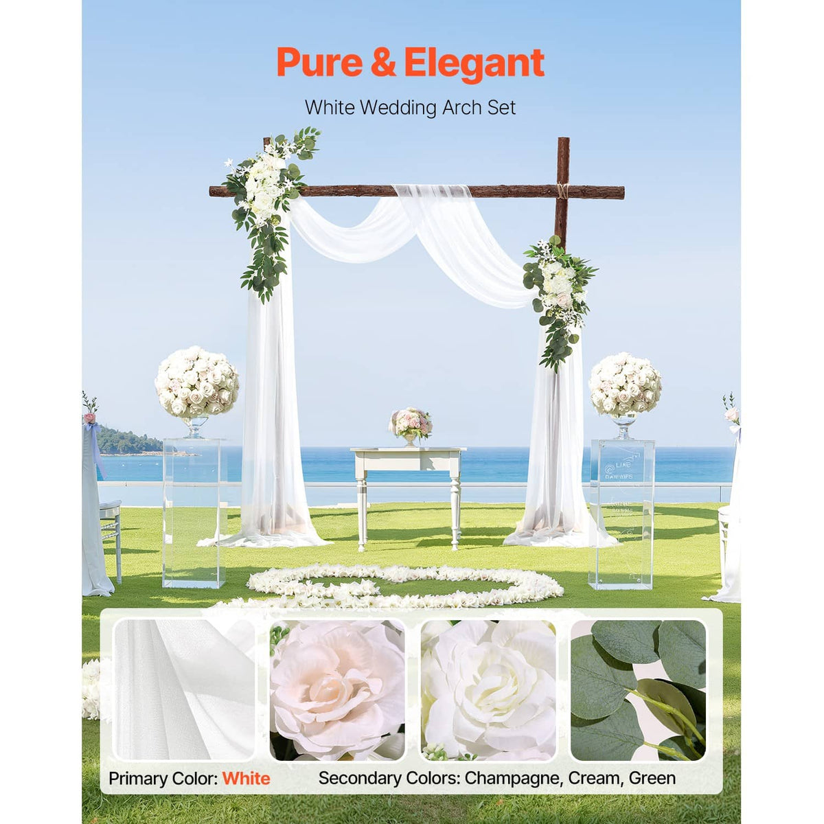 White wedding arch set with sheer drapes and faux greenery corner flower arrangements