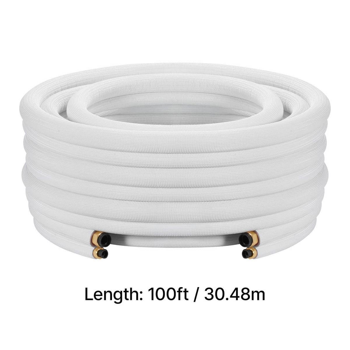 White coiled 100ft mini split line set with copper ends and black service port tips