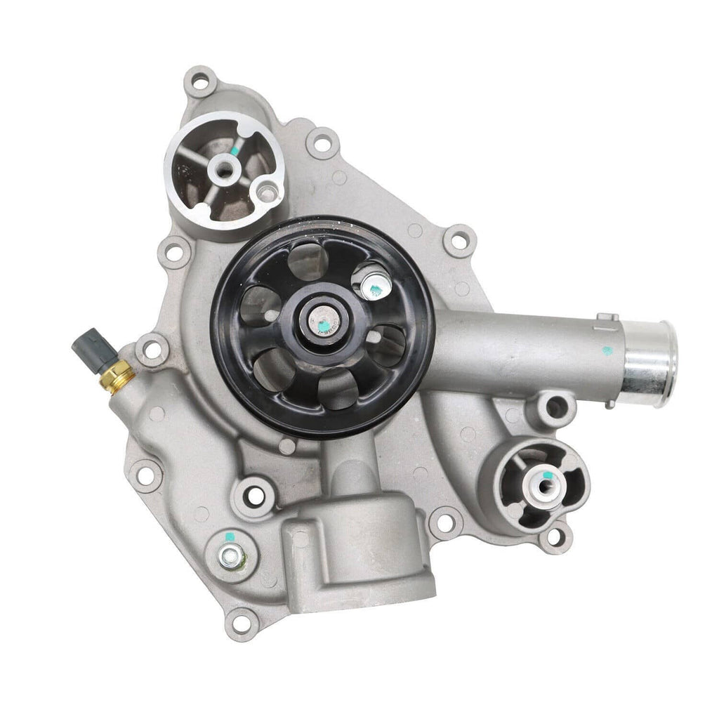 Water pump assembly with black impeller and silver housing, side outlet and mounting holes
