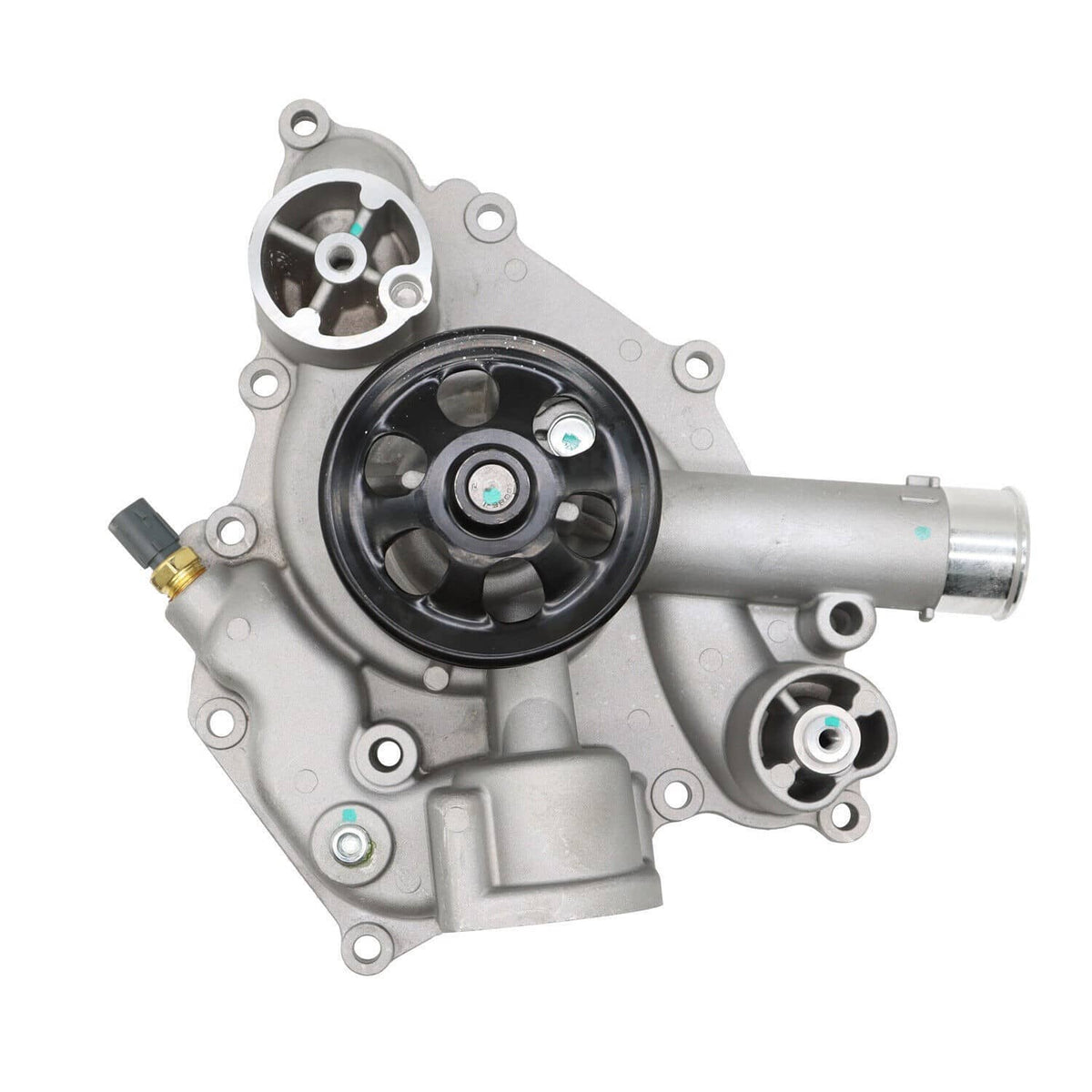 Water pump assembly with black impeller and silver housing, side outlet and mounting holes