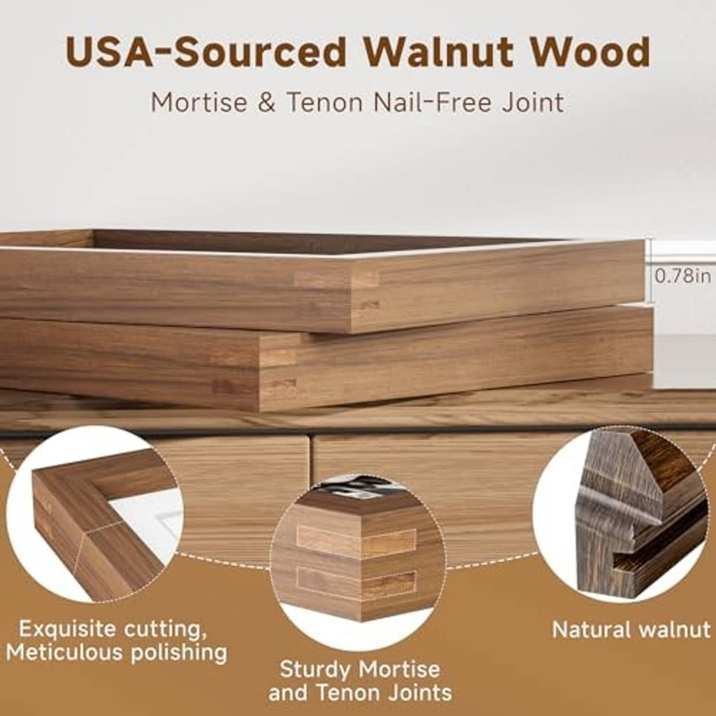 Walnut wood picture frame corner with mortise-and-tenon joint detail.