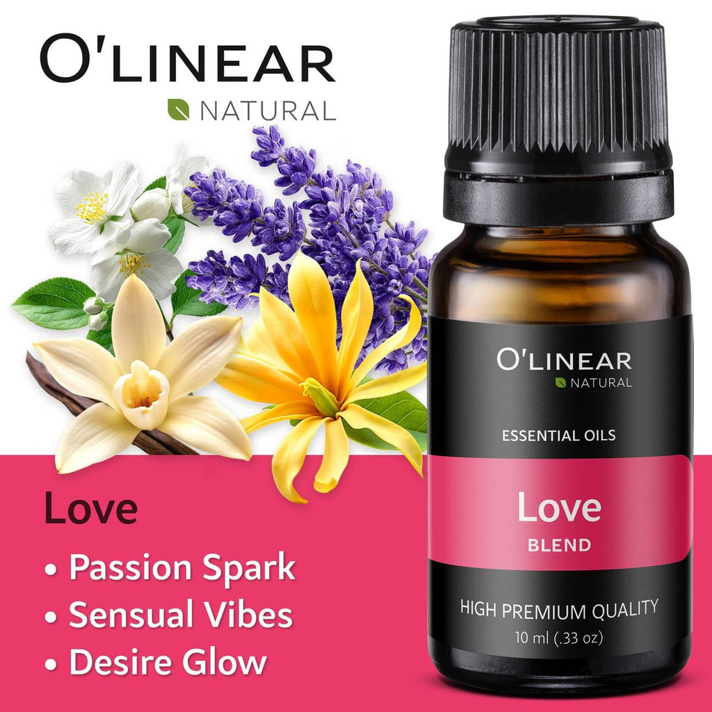 Essential oil blend bottle with ribbed black cap; dark amber glass; pink Love label