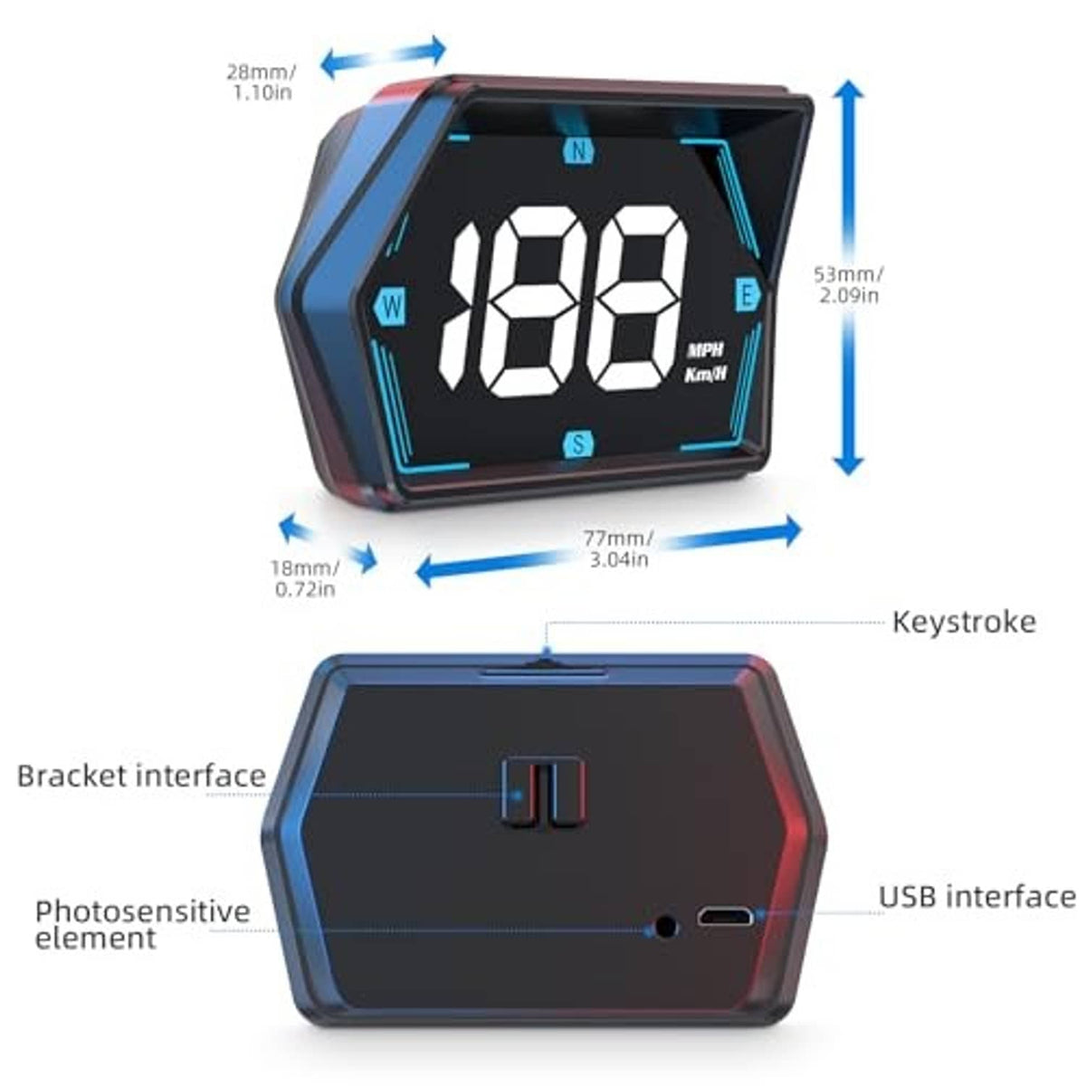 Car HUD speed display front and back view with USB port and bracket interface