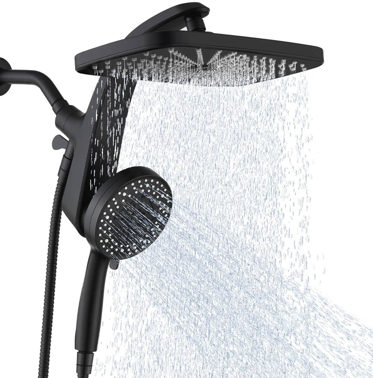Black 12-inch rain shower head with handheld sprayer and adjustable bracket