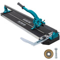 Manual tile cutter with blue-and-black rail, handle, and cutting guide base