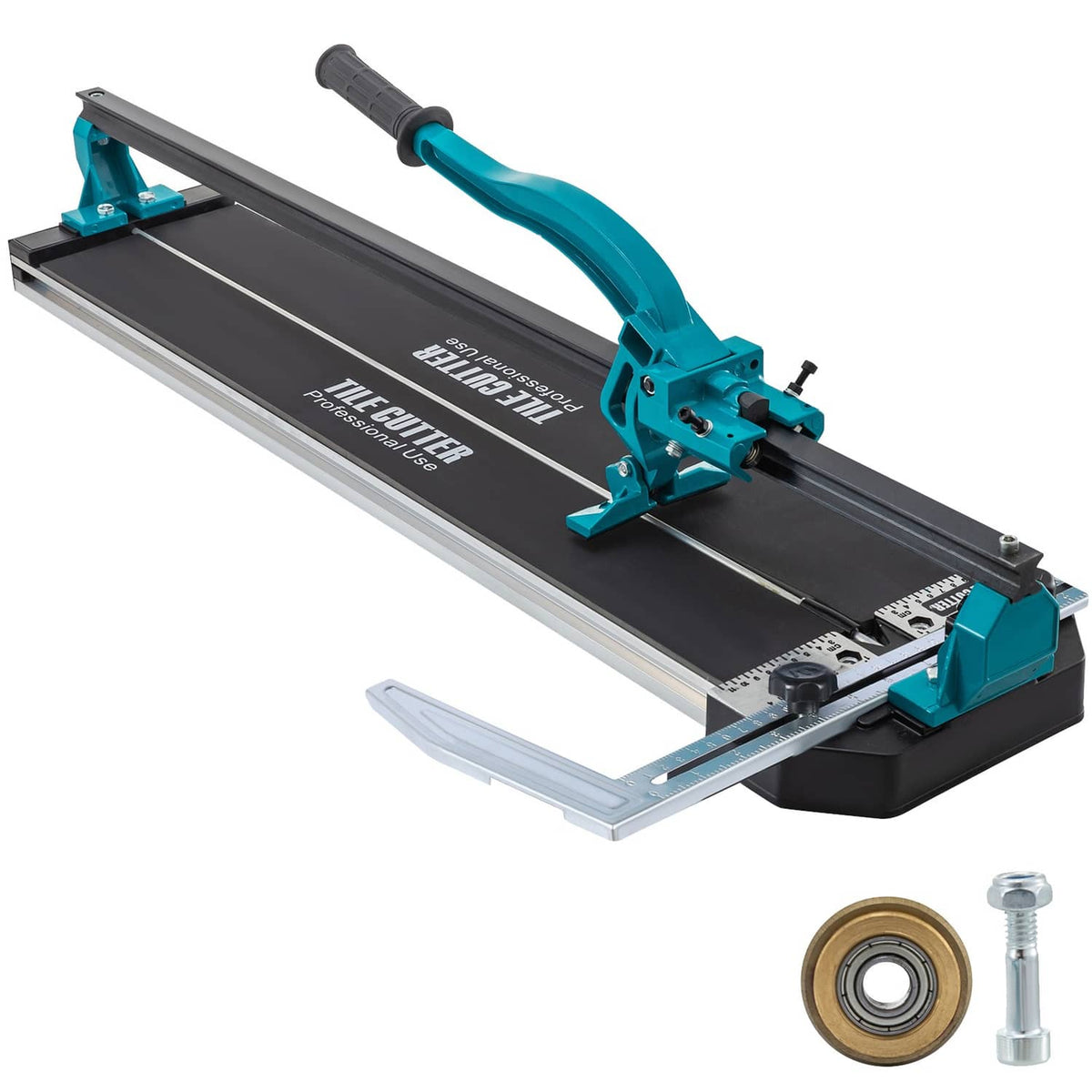 Manual tile cutter with blue-and-black rail, handle, and cutting guide base