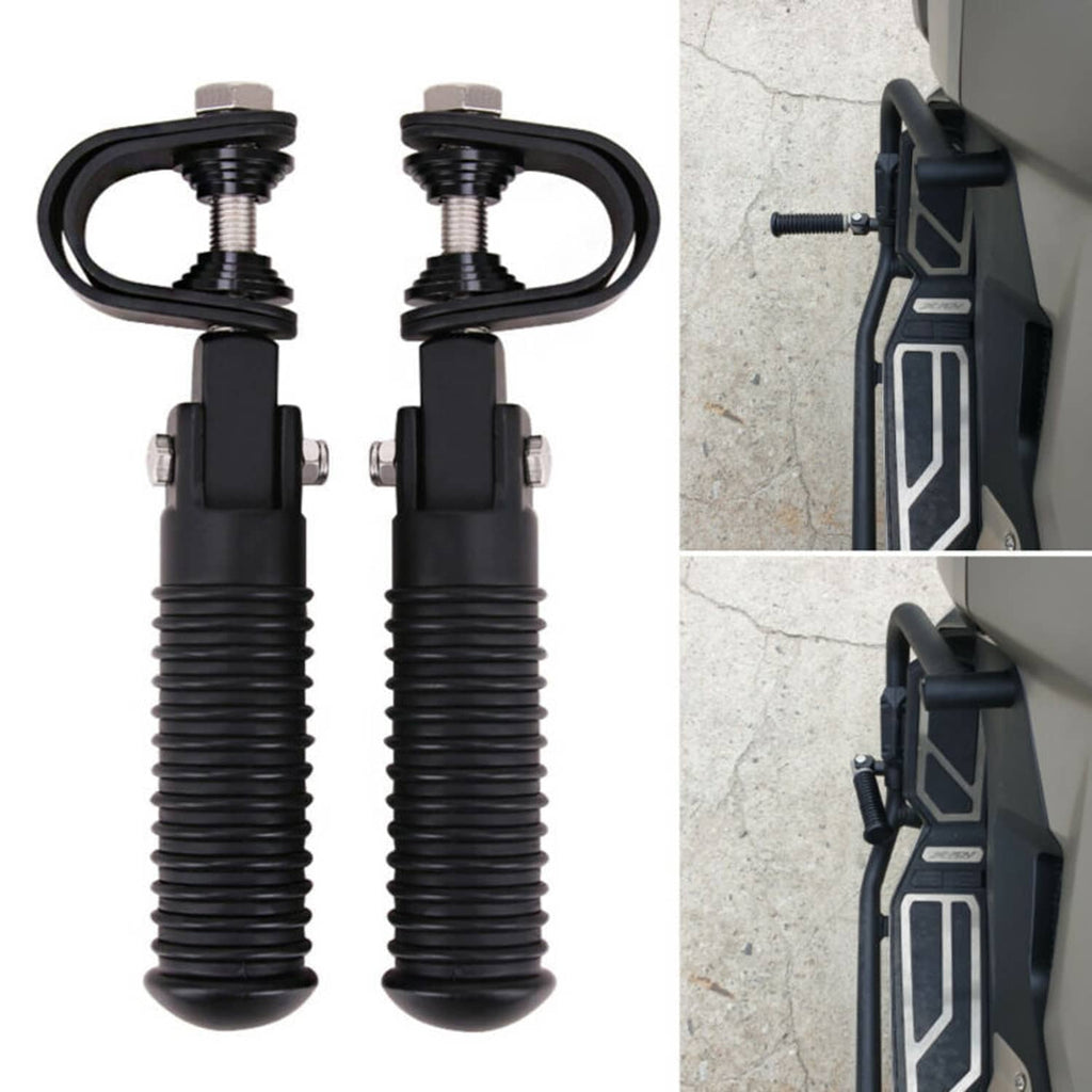 Pair of black crash foot pegs with U-bolts and threaded mounting posts