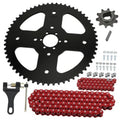 Black 420 rear sprocket with red chain kit plus bolts, pins, and installation hardware