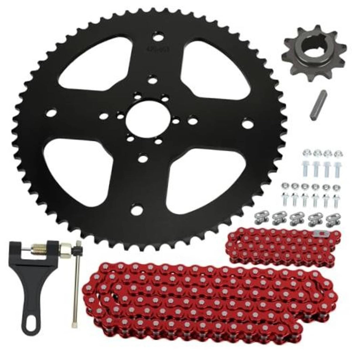Black 420 rear sprocket with red chain kit plus bolts, pins, and installation hardware
