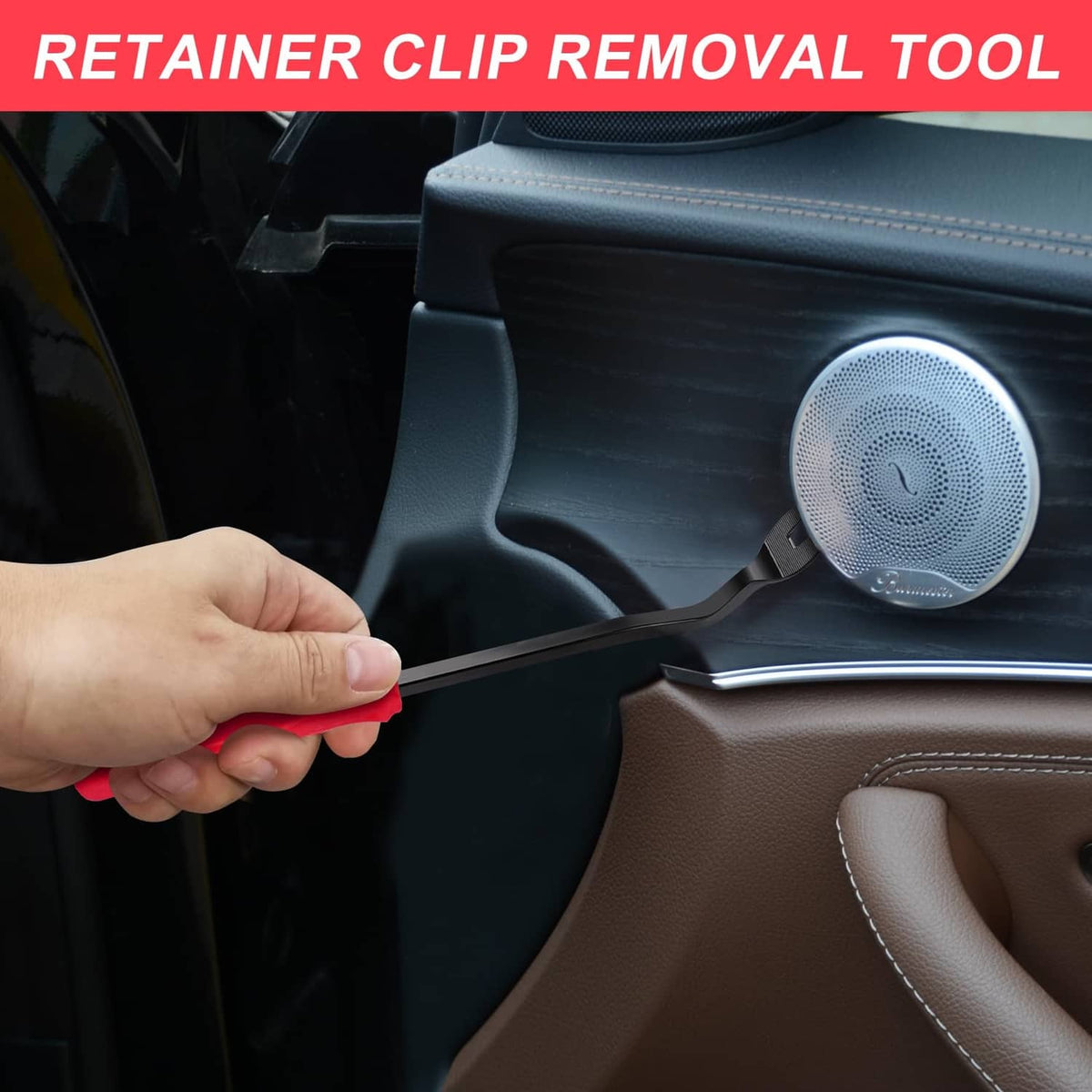 Retainer clip removal tool with red handle and hooked tip for interior panels