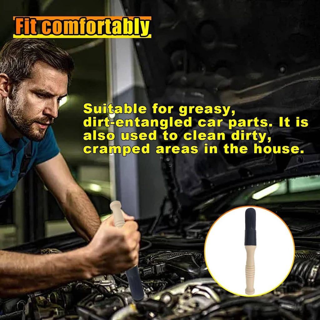 Beige and black bullet brush for car parts cleaning, held in hand