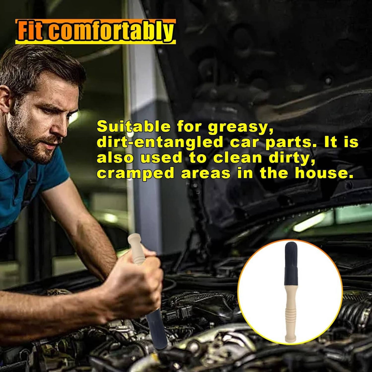 Beige and black bullet brush for car parts cleaning, held in hand