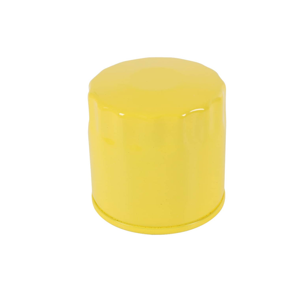 Yellow oil filter canister with black bottom rim, top view