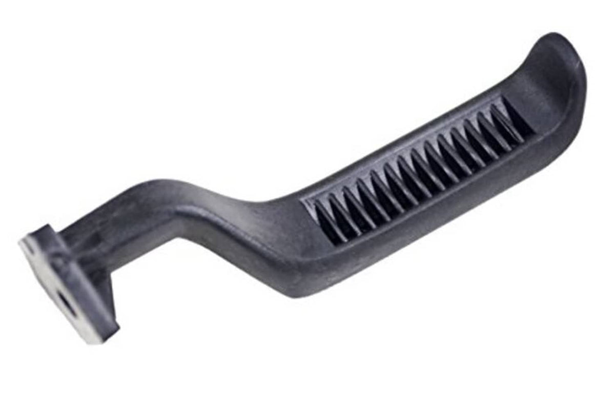 Black interior inside door handle with ridged grip and metal mounting tab