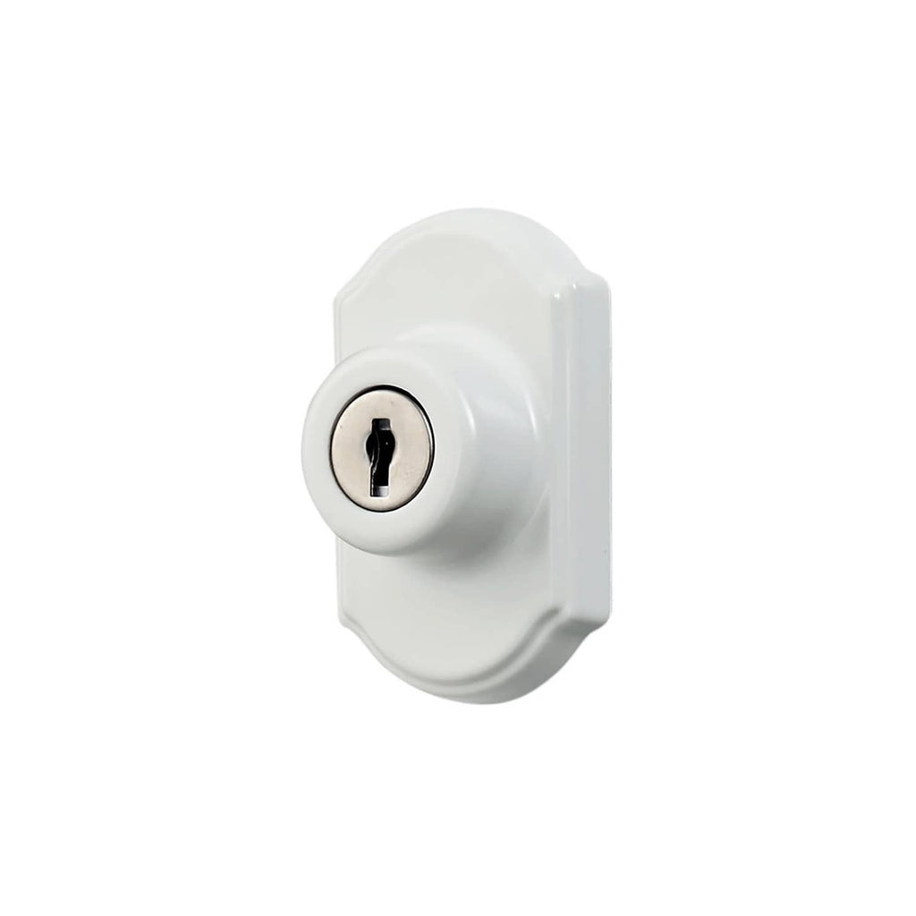 White keyed deadbolt with round key cylinder and exterior cover plate