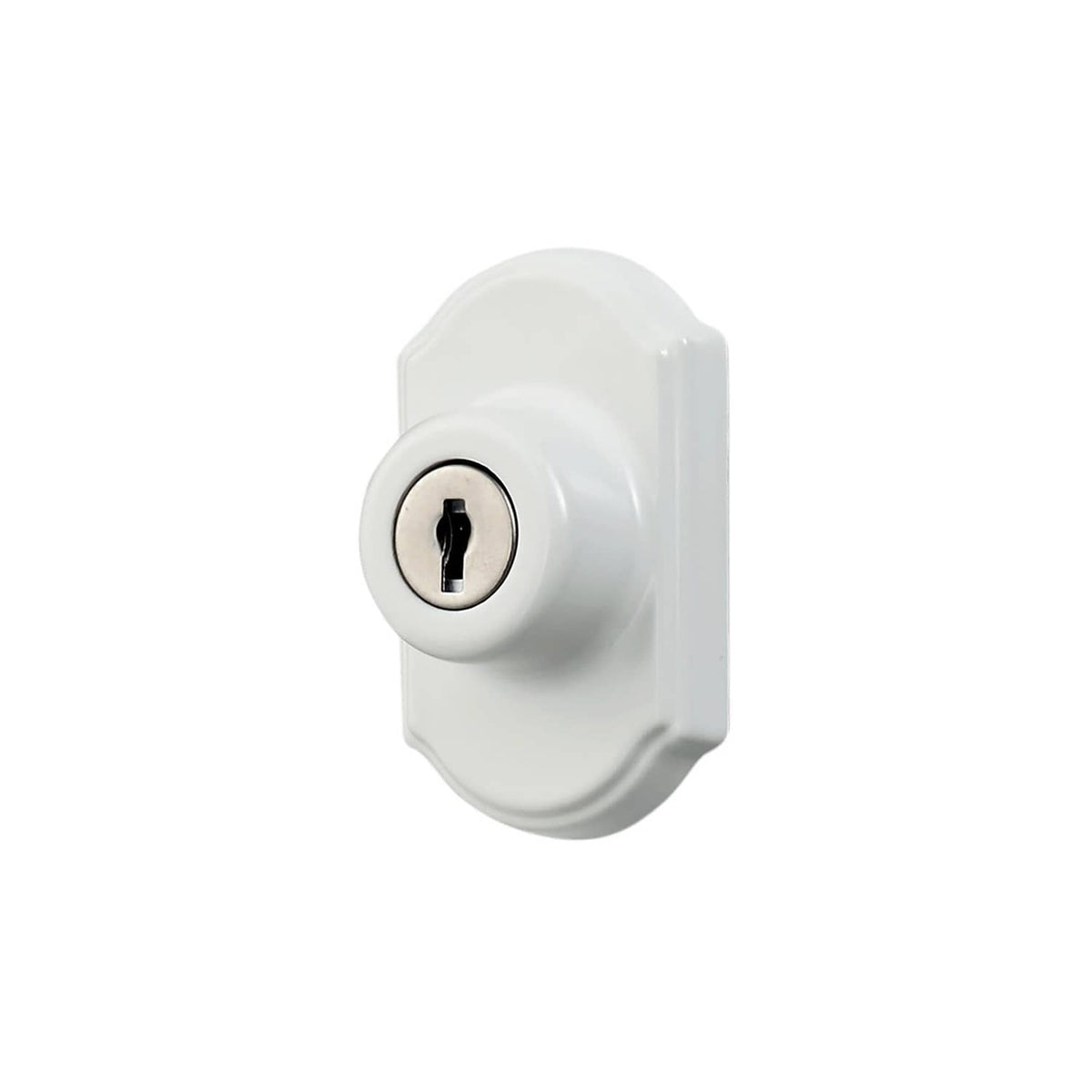 White keyed deadbolt with round key cylinder and exterior cover plate