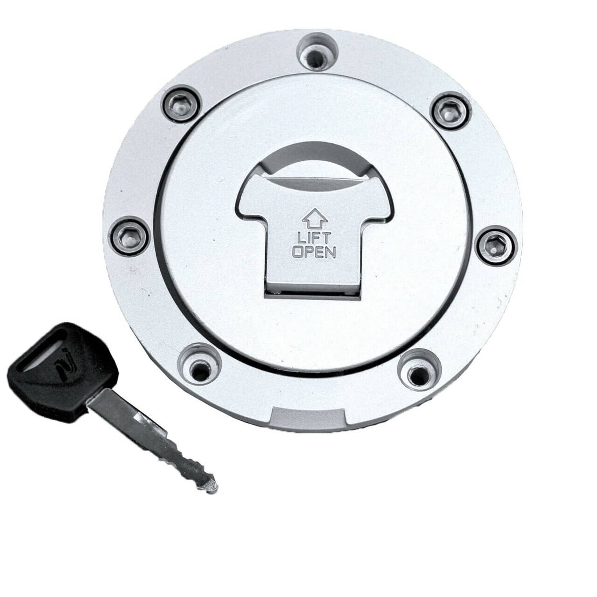 Metal motorcycle fuel gas cap with key, round silver face and lock opening