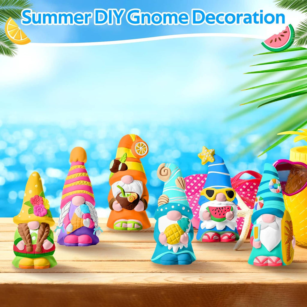 Painted summer ceramic gnome figurines with bright orange, blue, and pink outfits