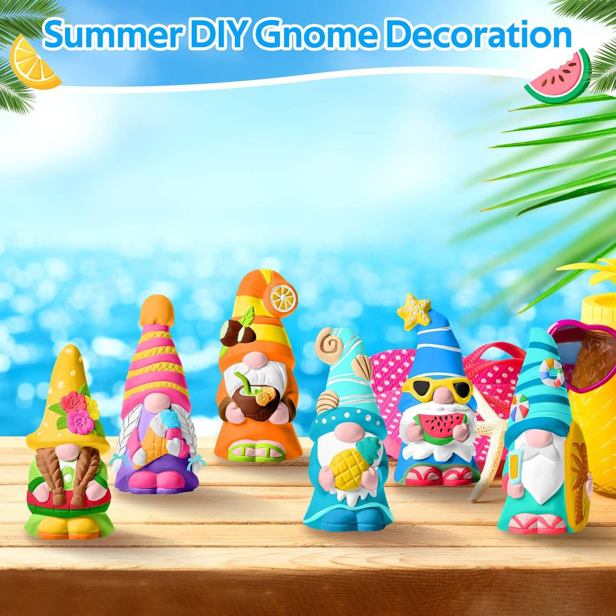 Painted summer ceramic gnome figurines with bright orange, blue, and pink outfits