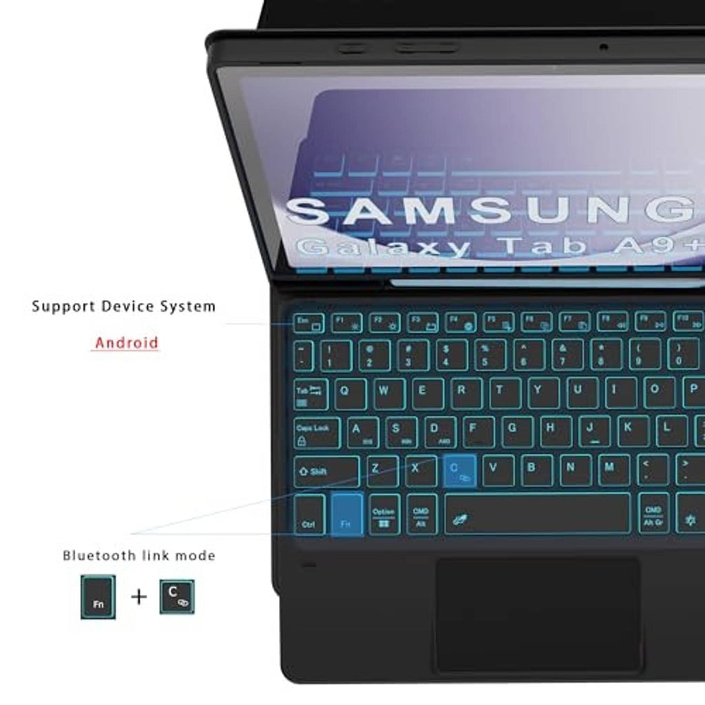 Black tablet keyboard case with cyan backlit keys and built-in touchpad